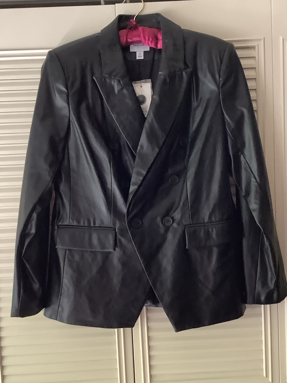 Nine West Black Faux Leather Double-Breasted Blazer Jacket